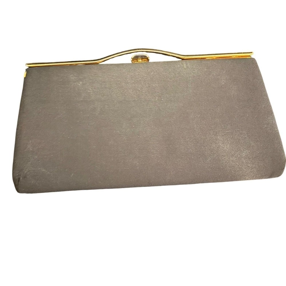 Vintage Black Satin Evening Clutch Bag Gold Tone Frame Wavy Top Bar Formal
